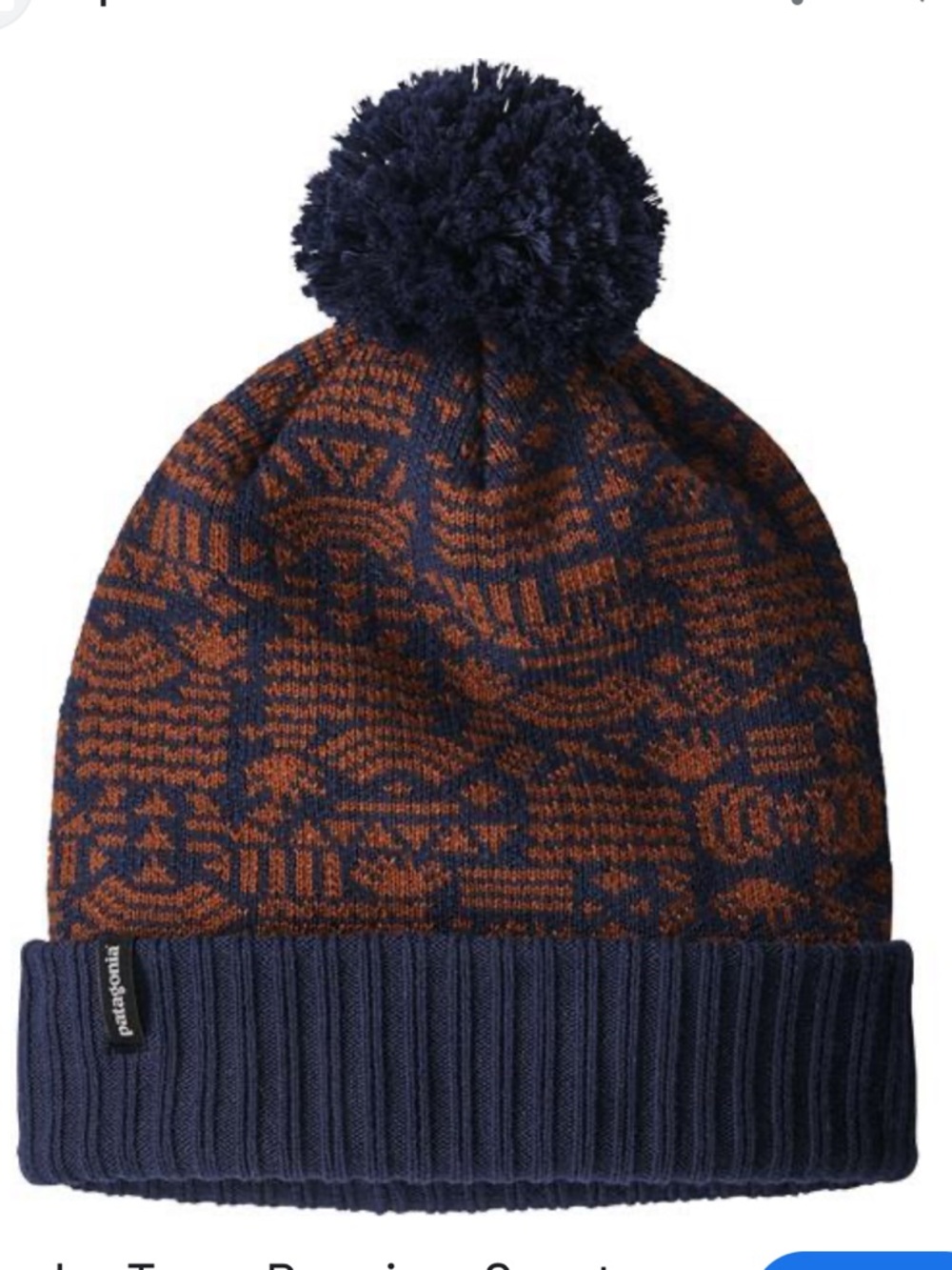 Patagonia Powder Town Beanie Hat Pom Pom Navy Brown